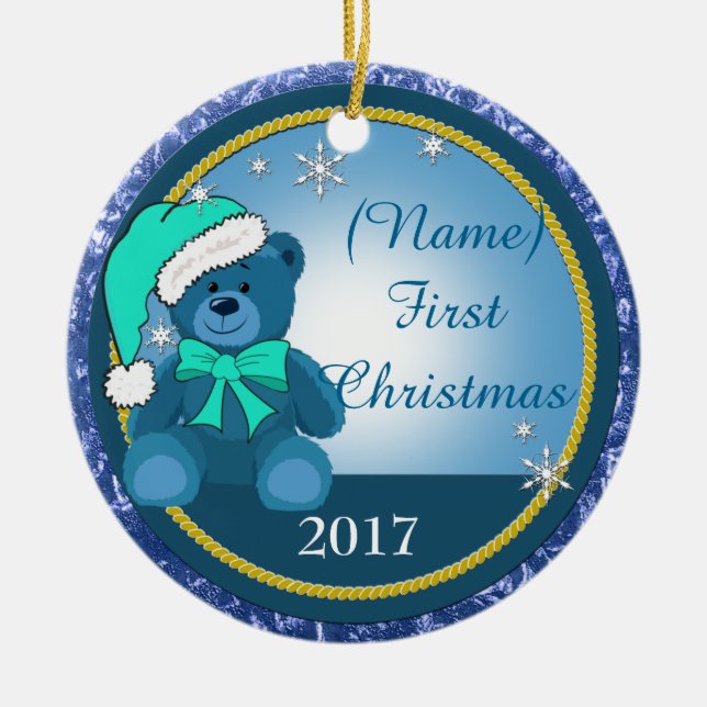 Baby Boy Blue Teddy Bear Personalized Christmas Ceramic Ornament (Front)