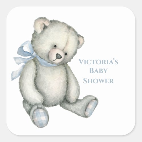 Baby Boy Blue Teddy Bear Watercolor Baby Shower Square Sticker
