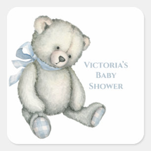 Baby Boy Blue Teddy Bear Watercolor Baby Shower Square Sticker