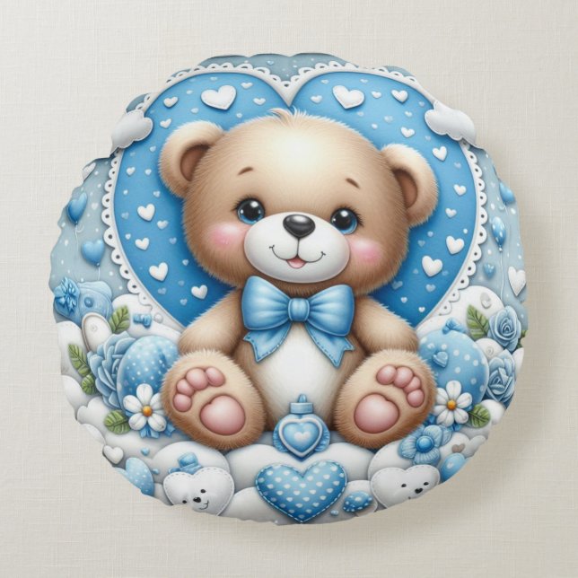 Baby boy blue teddy round cushion,nursery decor round pillow (Front)