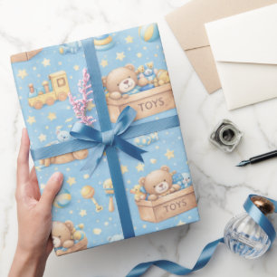 Baby Boy Blue Toybox Teddy Bear Train Wrapping Paper