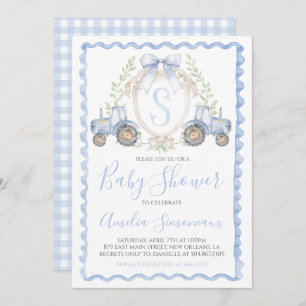 Baby Boy Blue Tractor Shower Monogram Crest Invitation