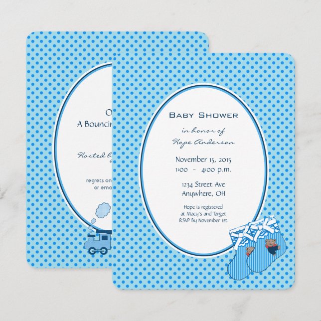 Baby Boy Blue Train Bear Shower Announcement (Front/Back)