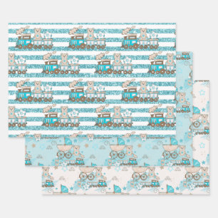BABY BOY BLUE TRAINS BLOCKS CARS STARS WRAPPING PAPER SHEETS