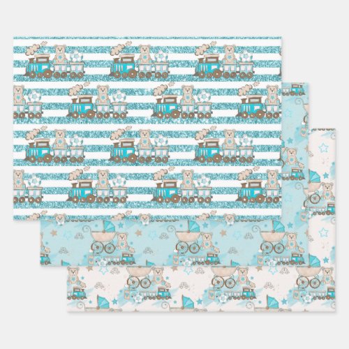 BABY BOY BLUE TRAINS BLOCKS CARS STARS WRAPPING PAPER SHEETS