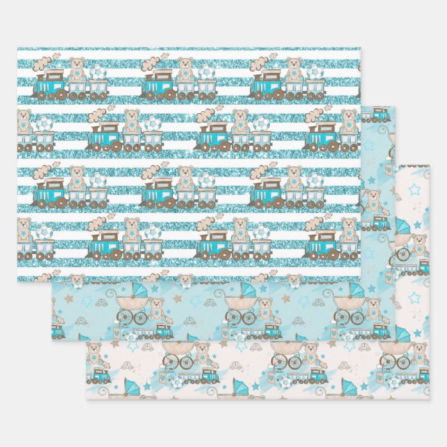 BABY BOY BLUE TRAINS BLOCKS CARS STARS WRAPPING PAPER SHEETS (Set)