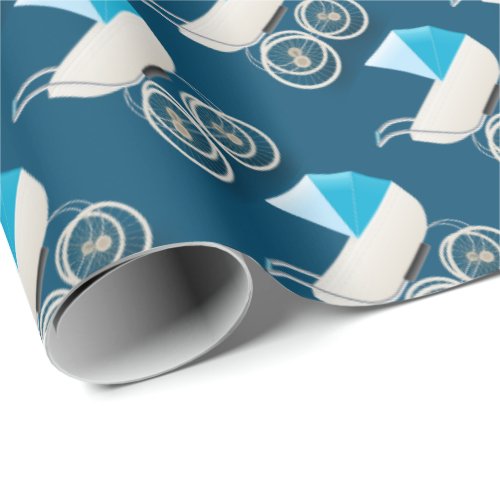 Baby Boy Blue Vintage Strollers Pattern Wrapping Paper