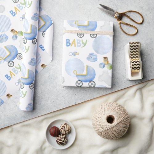 Baby Boy Blue Watercolor Baby Shower Wrapping Paper
