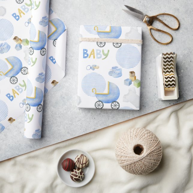 Baby Boy Blue Watercolor Baby Shower Wrapping Paper (Crafts)