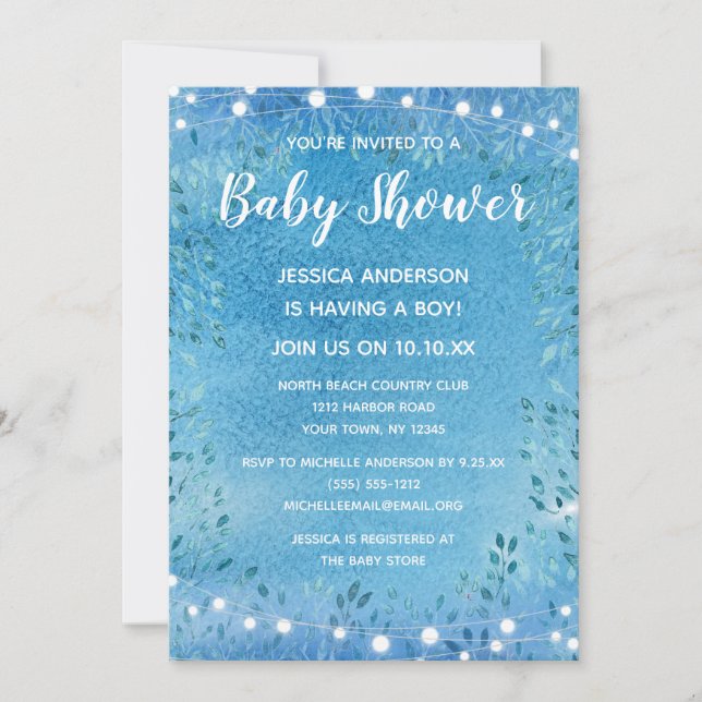 Baby Boy Blue Watercolor String Lights Baby Shower Invitation (Front)