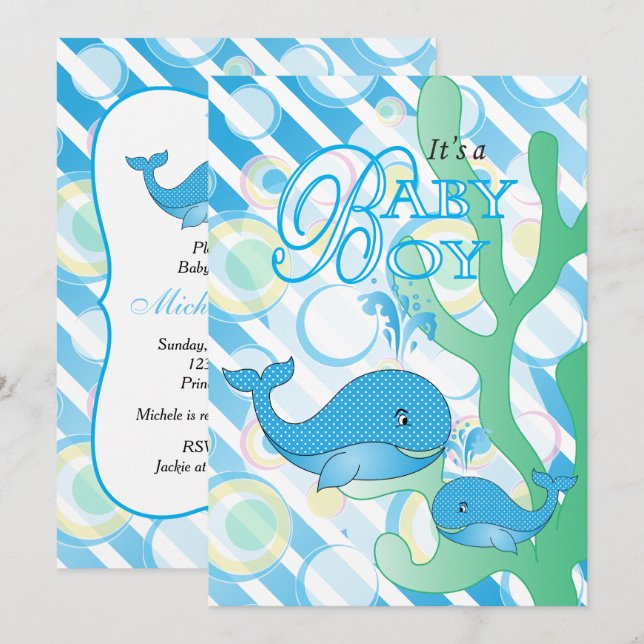Baby Boy Blue Whale Baby Shower Invitation (Front/Back)