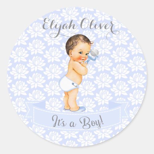 Baby Boy Blue White  Gray Classic Round Sticker