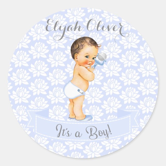 Baby Boy Blue White & Gray Classic Round Sticker (Front)