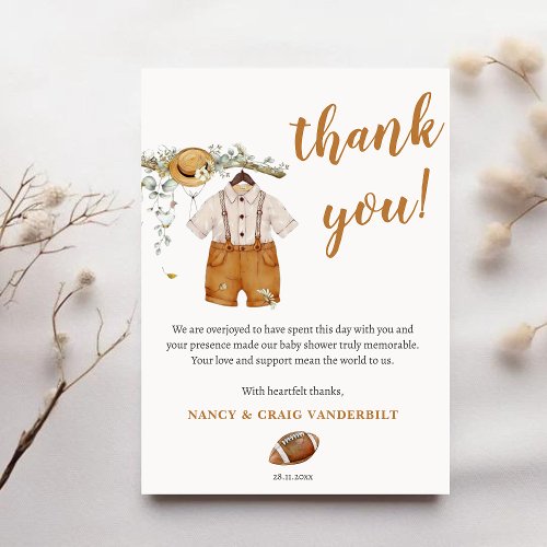 Baby Boy Boho Football Watercolor Baby Shower Thank You Card