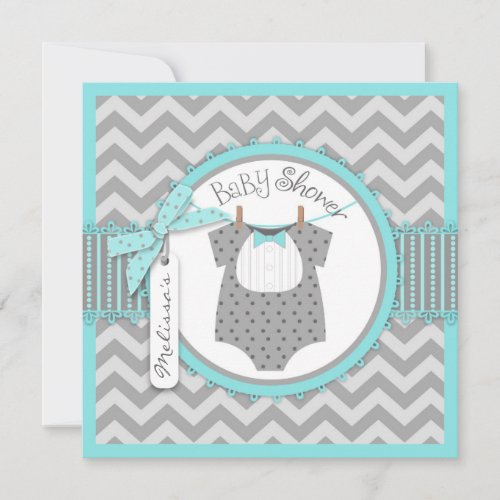 Aqua Bow Tie &amp; Chevron Print Baby Shower Announcements