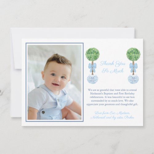 Baby Boy Boxwood Topiary Baptism Birthday Photo Thank You Card