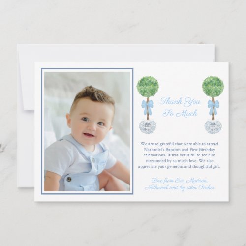 Baby Boy Boxwood Topiary Baptism Birthday Photo Thank You Card - Timeless thank you card with boxwood lollipop topiary in ginger jar planter with blue and white "Greek Key" pattern backer. You can change all text colors and the color of the photo frame by by entering the design tool ("click to customize further" underneath the text customization boxes). On the reverse, you can change the dark blue to any other color you want by entering the design tool.