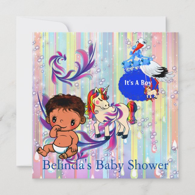 Baby Boy Bubbles & Unicorns Butterfly Invitation (Front)