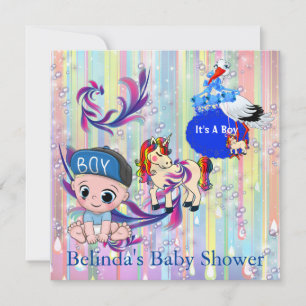 Baby Boy Bubbles & Unicorns Butterfly Invitation