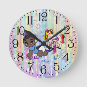 Baby Boy Bubbles & unicorns Round Clock