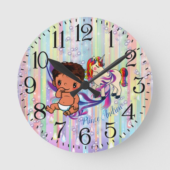 Baby Boy Bubbles & unicorns Round Clock (Front)