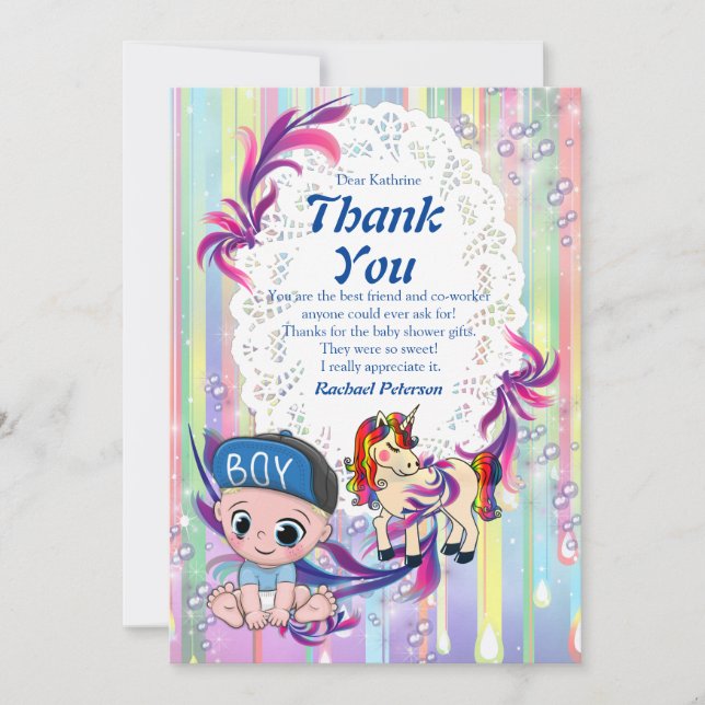 Baby Boy Bubbles & Unicorns Thank You Card (Front)