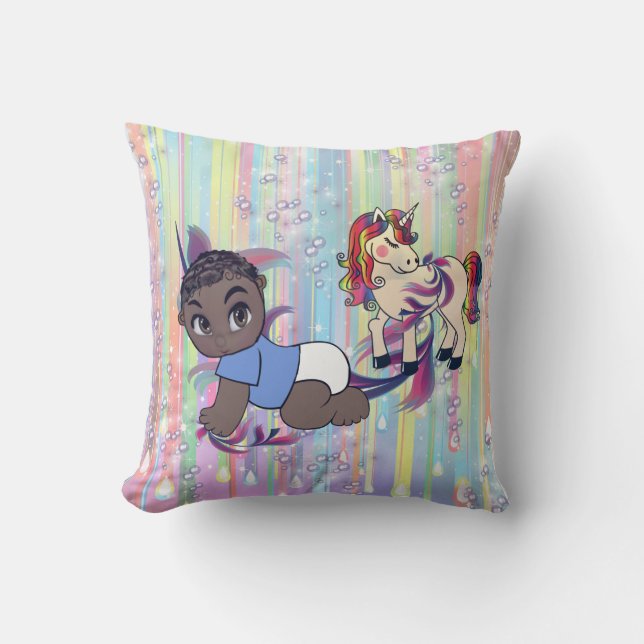 Baby Boy Bubbles & unicorns Throw Pillow (Front)