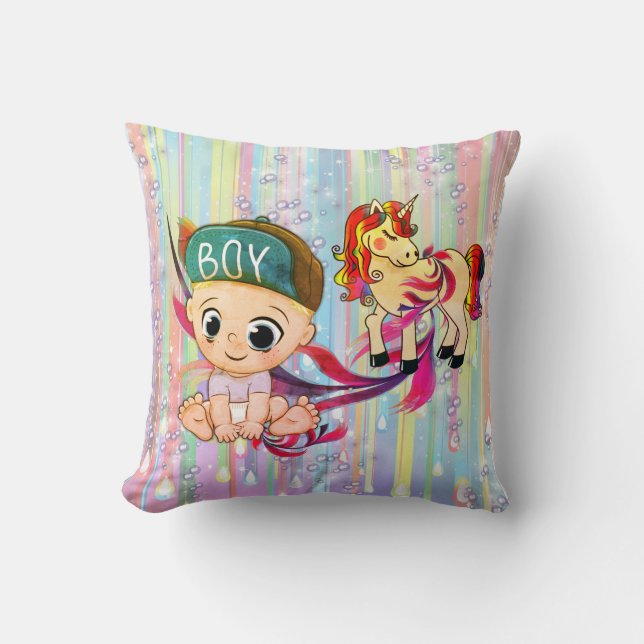 Baby Boy Bubbles & unicorns Throw Pillow (Front)