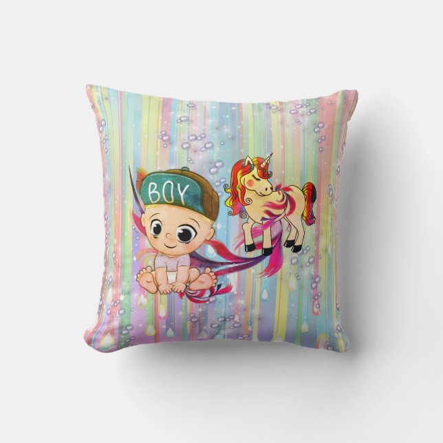 Baby Boy Bubbles & unicorns Throw Pillow (Front)