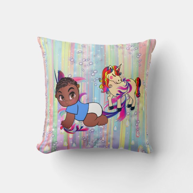 Baby Boy Bubbles & unicorns Throw Pillow (Front)