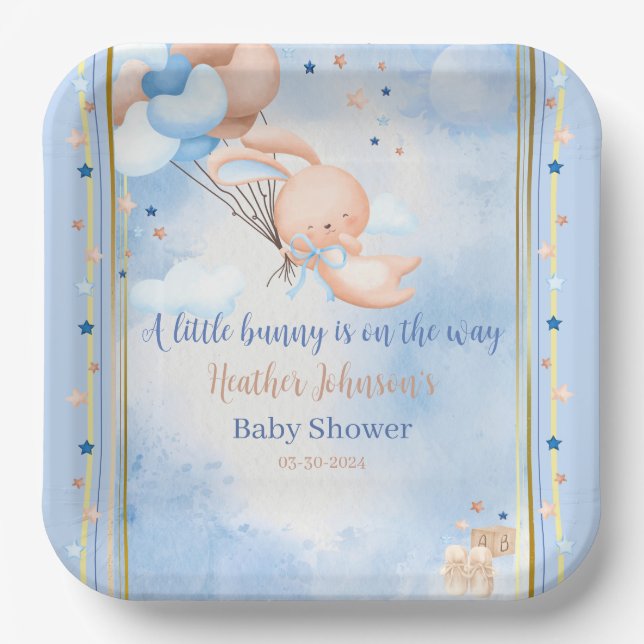 Baby Boy Bunny Baby Shower Paper Plates (Front)