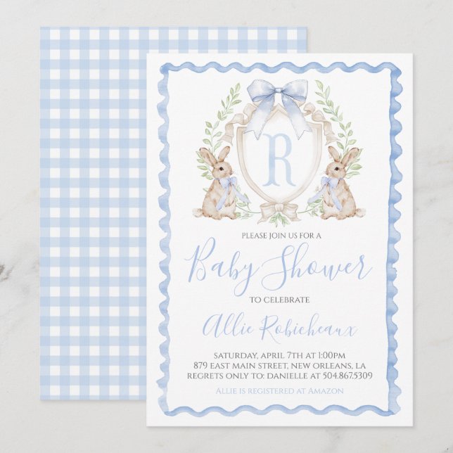 Baby Boy Bunny Rabbit Shower Preppy Blue Gingham Invitation (Front/Back)