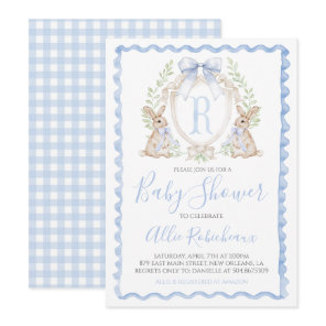 Baby Boy Bunny Rabbit Shower Preppy Blue Gingham Invitation