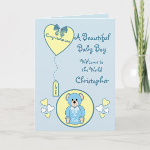 Baby Boy Card teddy bear blue and yellow