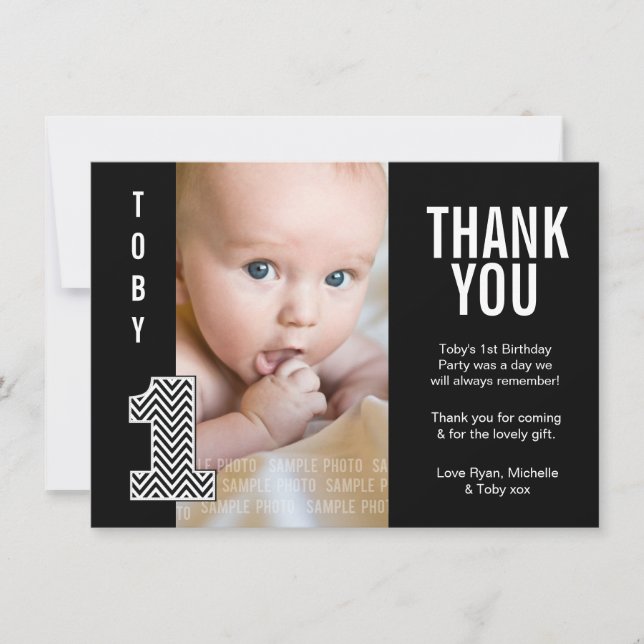 Baby Boy Chevron 1st Birthday Thank You Photo Card (Front)