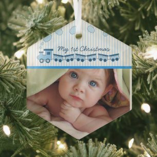 Baby Boy Choo Choo Train Photo Birth Stat Keepsake Glass Ornament