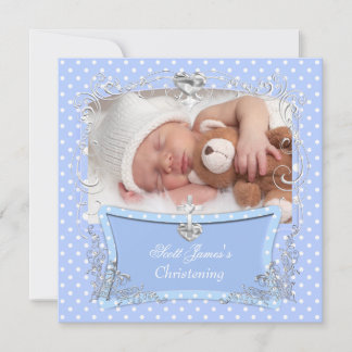 Baby Boy Christening Baptism Blue Polka Dot 2 Announcement