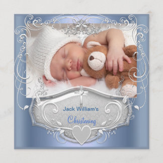 Baby Boy Christening Baptism Blue Silver Cross Announcement