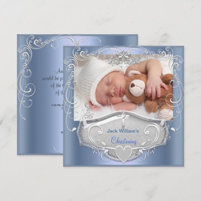 Baby Boy Christening Baptism Blue Silver Cross Invitation (Front/Back)
