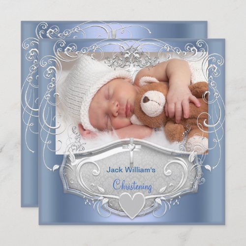 Baby Boy Christening Baptism Blue Silver Cross Invitation