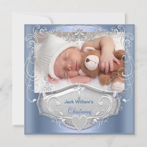 Baby Boy Christening Baptism Blue Silver Cross Invitation