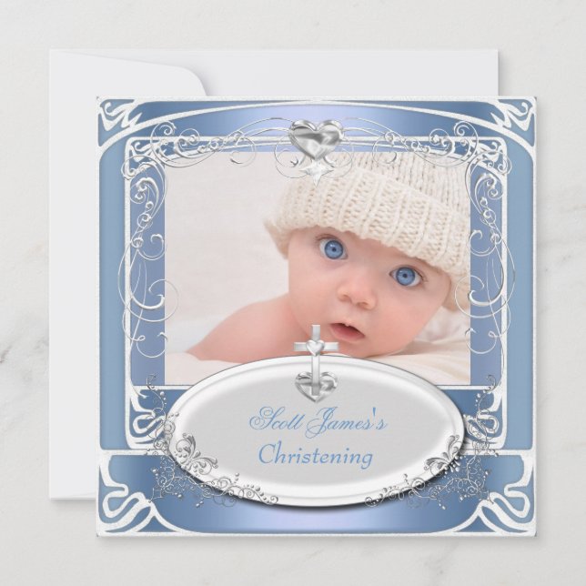 Baby Boy Christening Baptism Blue White Invitation (Front)