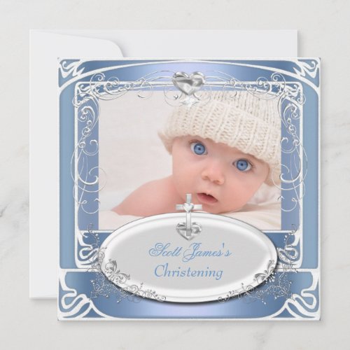 Baby Boy Christening Baptism Blue White Invitation