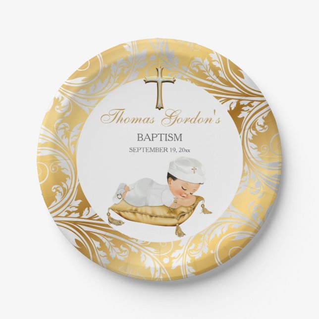 Baby Boy Christening Baptism Gold Silver Paper Plates (Front)