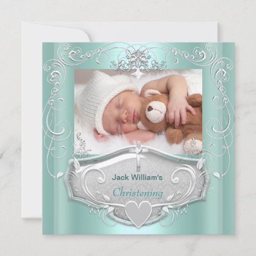 Baby Boy Christening Baptism Mint Silver Cross Announcement