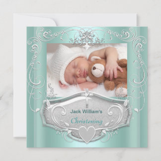 Baby Boy Christening Baptism Mint Silver Cross Invitation