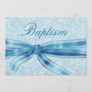 Baby Boy Christening Blue Damask Linen Paper Invitation