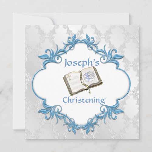 BABY BOY CHRISTENING WHITE  BLUE Damask Design Invitation