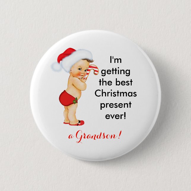 Baby Boy Christmas Announcement Customizable Pinback Button (Front)