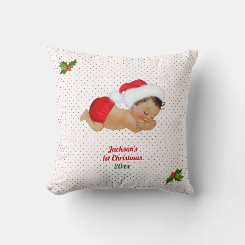 Baby Boy Christmas Red Santa Hat Dot Throw Pillow